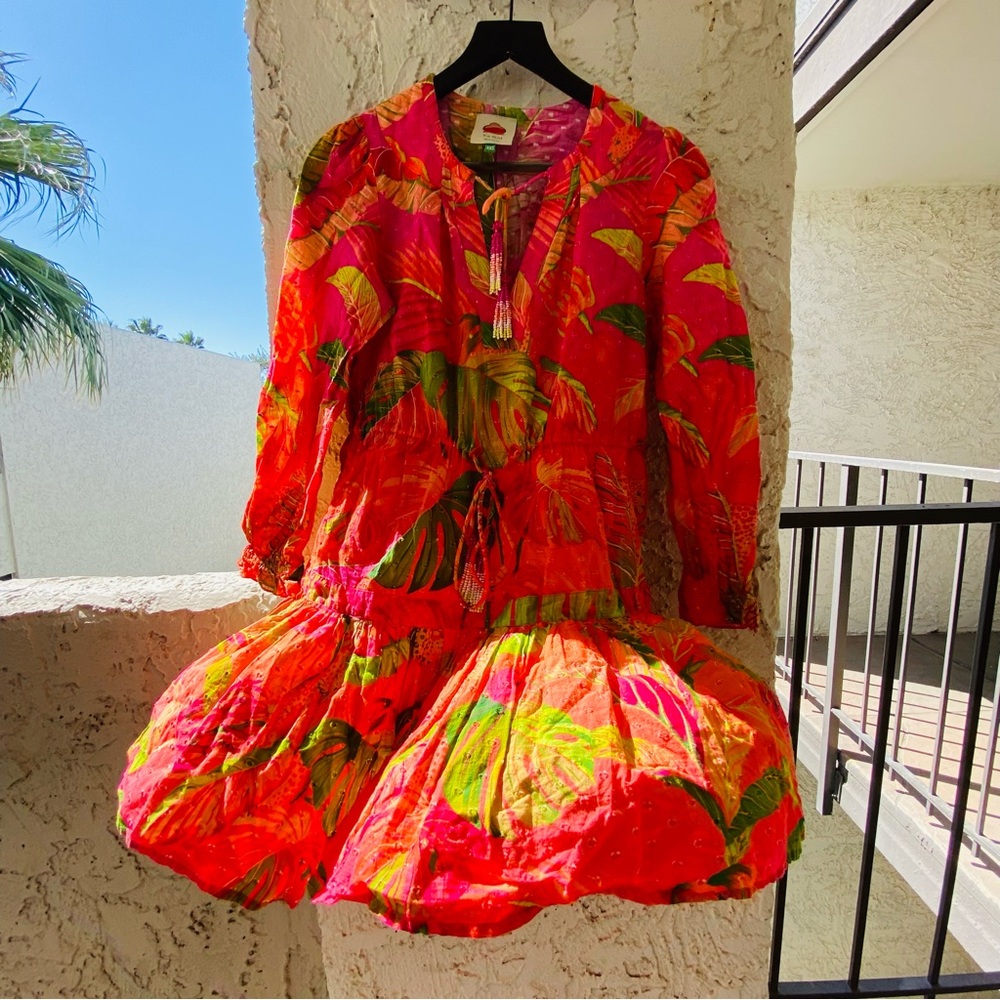 Modern Farm Rio Ombré Forest Tropical Mini Dress XXS Pink Orange Ruffle